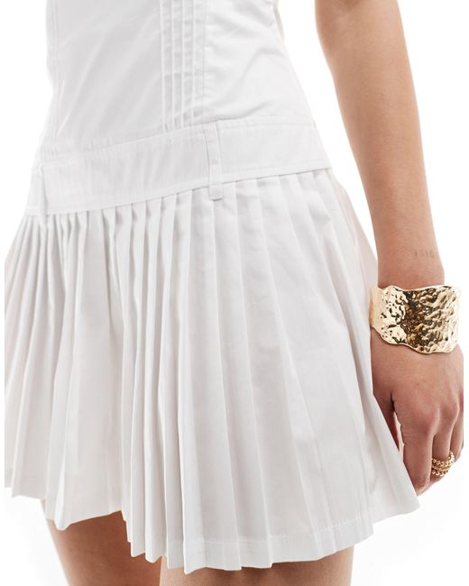 Bershka White Cotton Straight Neck Pleated Mini Dress