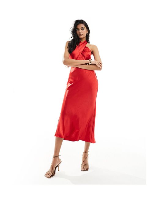 Style Cheat Red Twist Neck Satin Maxi Dress