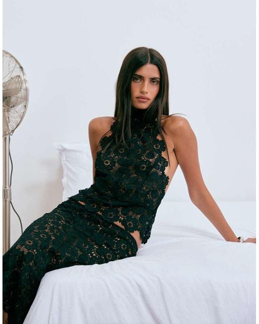 Lioness Black Trophy Sheer Lace Intricate Floral Detail High Neck Top Co-ord