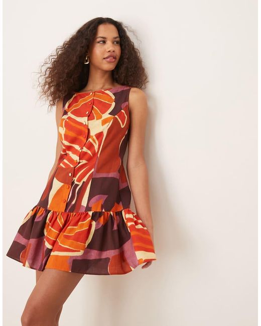 ASOS Orange Button Down Dropped Waist Mini Dress With Straight Neck