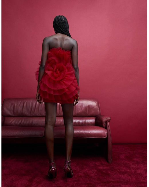 ASOS Red Bandeau Velvet 3d Floral Ruffle Bodice Mini Dress