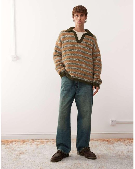 Collusion Brown Knitted Stripe Boxy Collared Sweat Jumper for men