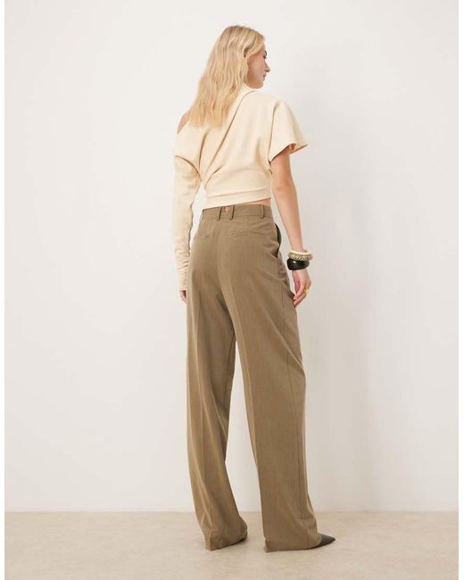ASOS Natural Tall Tailored Wide Leg Trousers With Pleat Detail