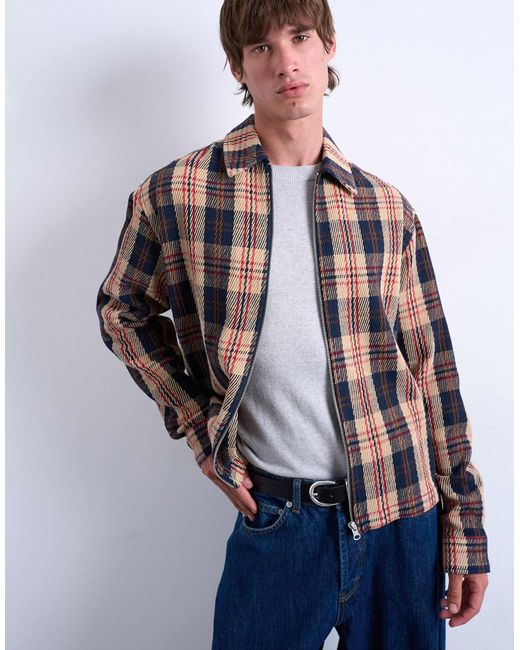 Topman Blue Regular Fit Textured Check Overshirt With Zip for men