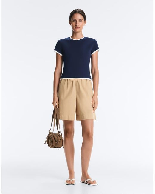 Oysho Blue Cotton Blend Double Rib Effect Short Sleeve T-shirt