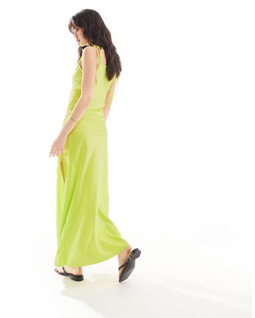 Vero Moda Green Satin Tie Shoulder Maxi Slip Dress With Seam Detail