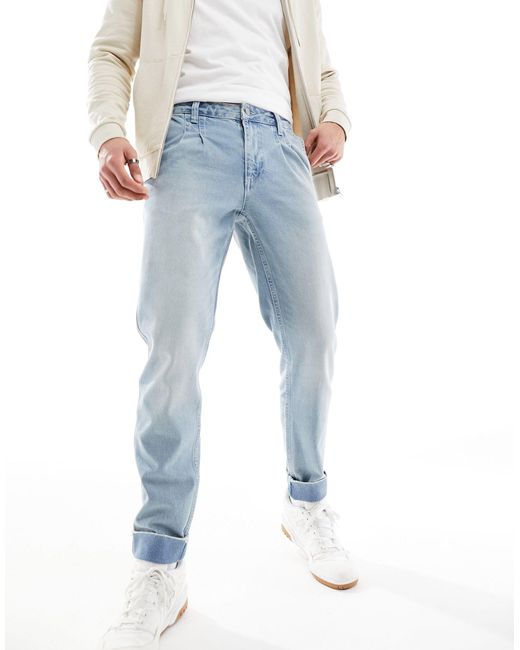 ASOS Blue Classic Rigid Turn Up Jeans With Pleats for men