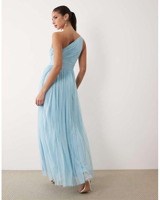 LACE & BEADS Blue Bridesmaid Tulle One Shoulder Fitted Waist Maxi Dress