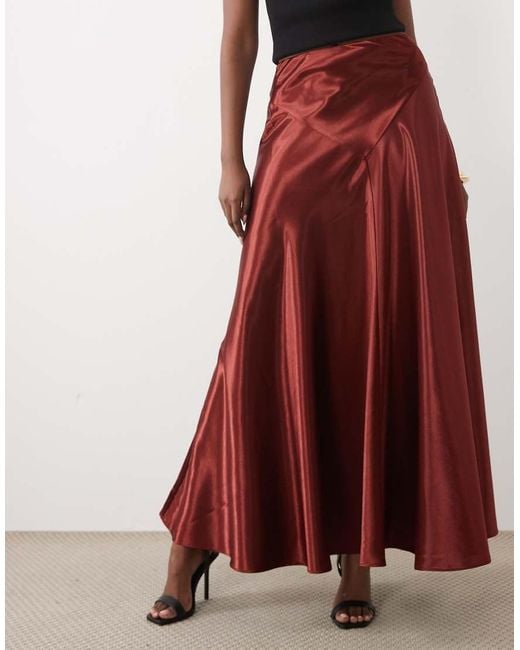 Bardot Red Satin High Waist Maxi Skirt
