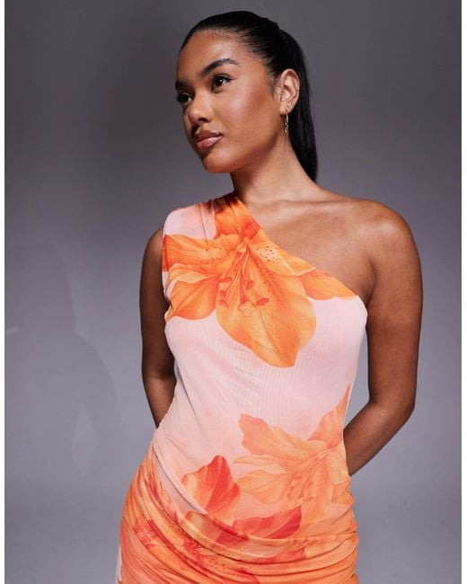ASOS Orange – maxikleid mit one-shoulder-träger, kontrastierendem oberteil und transparentem rock mit print