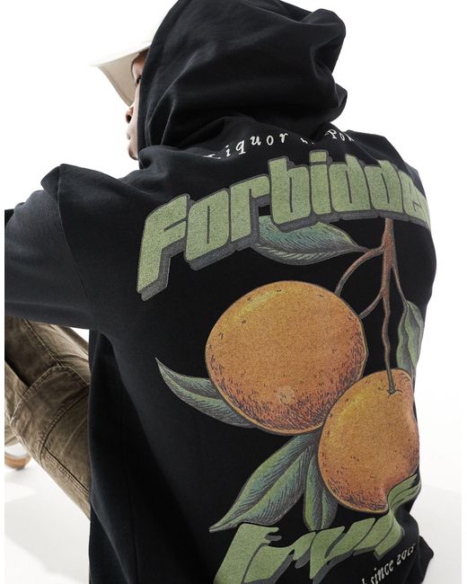 Liquor N Poker Black Oversized Zip Up Hoodie With Fruit Back Print for men
