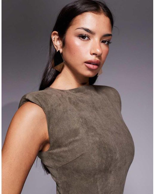 Wanderdoll Gray Faux Suede Padded Shoulder Fitted Bodycon Mini Dress Co-ord