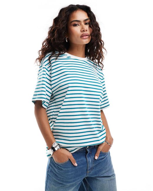 Urban Revivo Blue Drop Sleeve Striped Oversized T-shirt