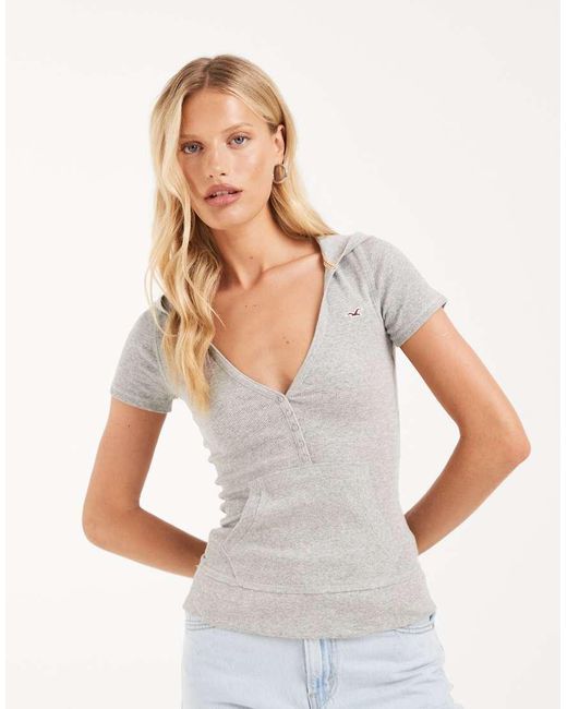 Hollister White Icon Logo Short Sleeve Hooded Top