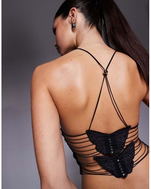 I.AM.GIA Black Ellery Strappy Butterfly Pattern Open Back Cami Top
