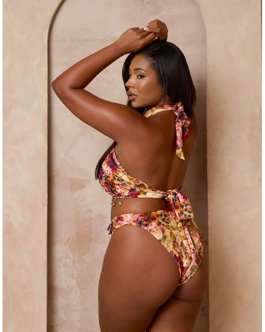 Moda Minx Curve Brown X Alessa Tyrrell-charles Floral Print Wrap Bikini Top With Bead Detailing