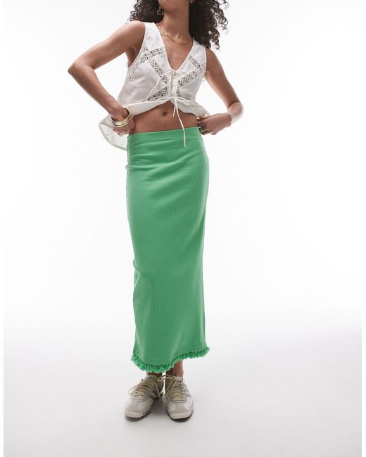 TOPSHOP Green Tassel Hem Midi Skirt