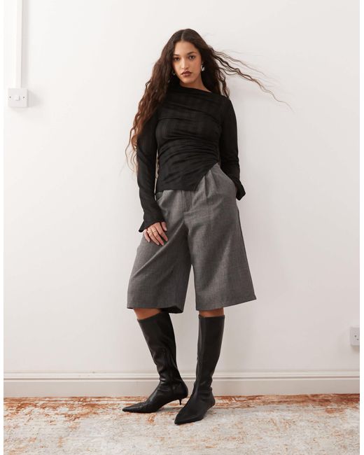 Weekday Black Sheer Mesh Stripe Asymmetric Long Sleeve Top
