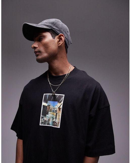 Camiseta negra extragrande con estampado fotográfico Topman de hombre de color Gray