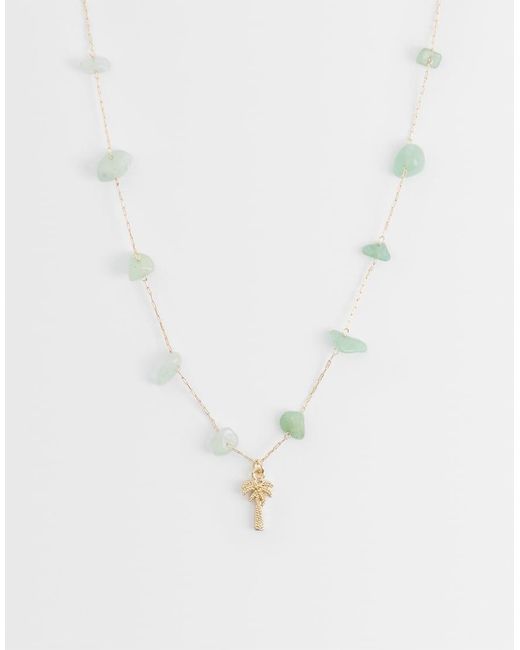 ASOS White Necklace With Green Semi-precious Chippings And Palm Tree Pendant