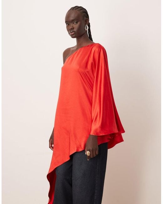 ARRANGE Red Satin Drape Asymmetric One Shoulder Top