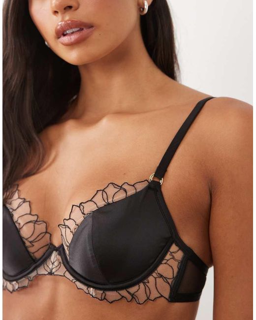 Bluebella Brown Fern Satin Moulded Plunge Bra With Mesh Trim