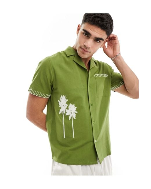 Another Influence Green Linen Mix Embroidery Revere Collar Shirt for men