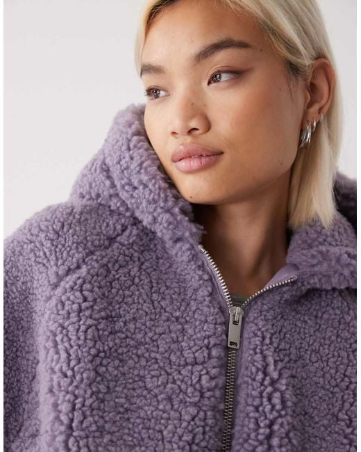 Monki Purple Zip Through Teddy Hooded Jacket