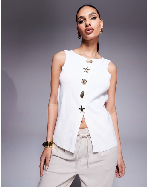 ASOS White Compact Knit Top With Novelty Gold Buttons