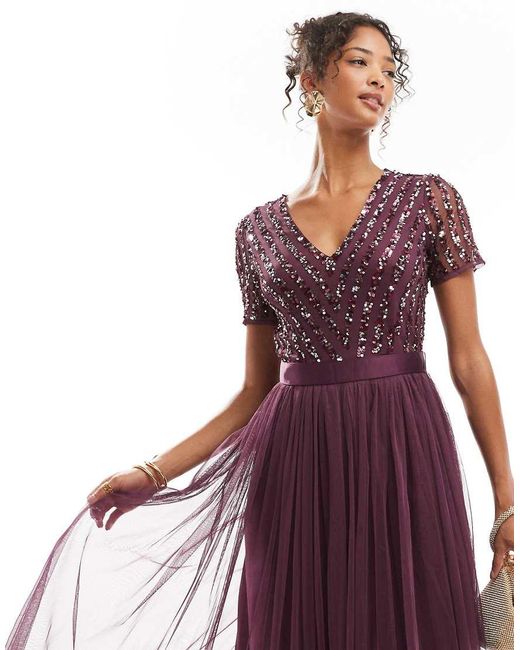Maya Purple Belted Stripe Embellished Bridesmaid Maxi Dress