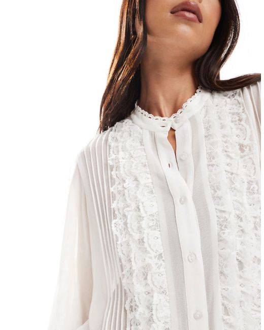 ASOS White Lace Ruffle Insert Sheer Long Sleeve Top