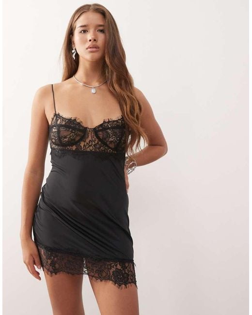 Lioness Black Angelic Sheer Lace Bust Detailing Satin Mini Dress