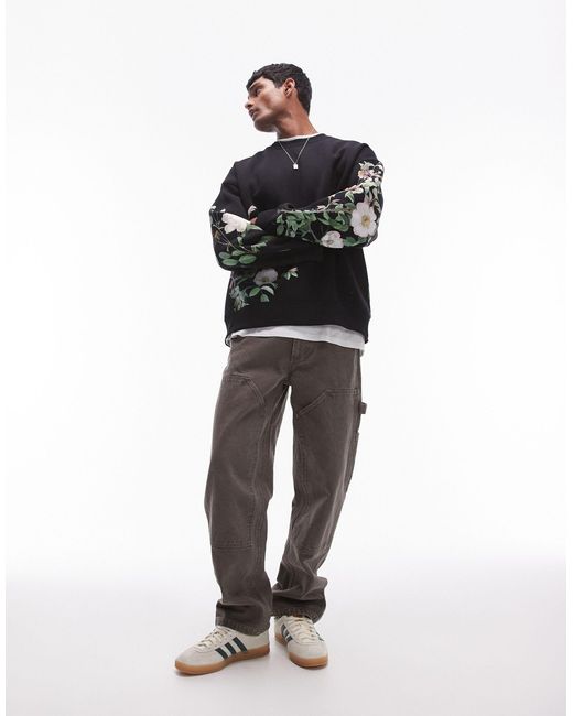 Topman Black Oversized Fit Sweatshirt With All Over Floral Print for men