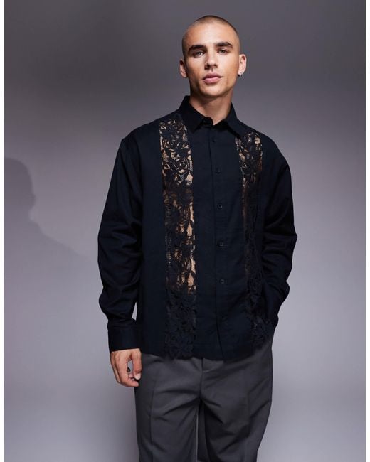 ASOS Blue Relaxed Shirt With Lace Insert for men