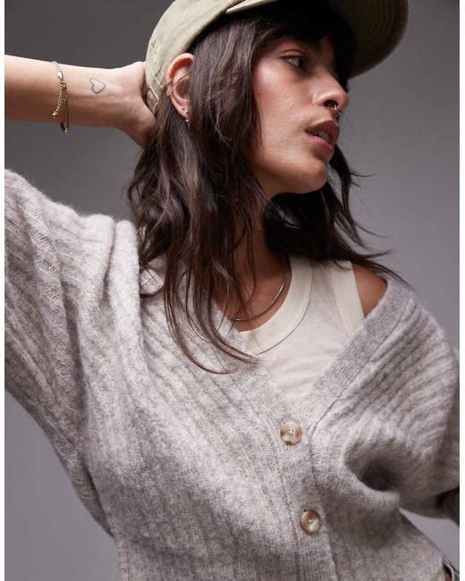 TOPSHOP Gray Knit Ovoid Sleeve V-neck Cardigan