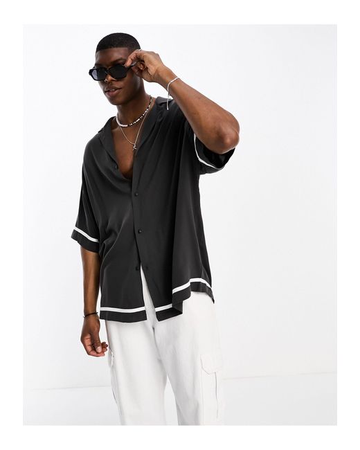 ASOS Black Dropped Shoulder Longline Viscose Bowling Shirt With Cut And Sew for men