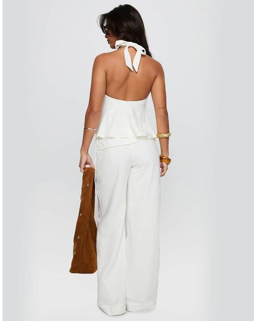 Princess Polly White Silver Moon Linen Blend Tie Waist Detail Wide Leg Pants
