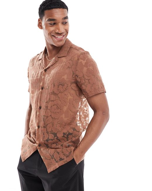 Chemise classique à manches courtes et col cranté en tissu dévoré à fleurs - marron ASOS pour homme en coloris Brown