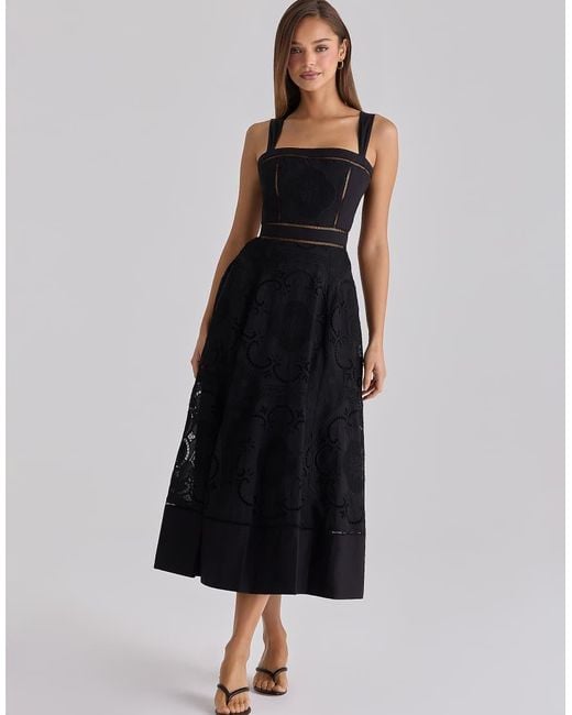 House Of Cb Black Ava Cotton Placement Broderie Anglaise Midi Dress