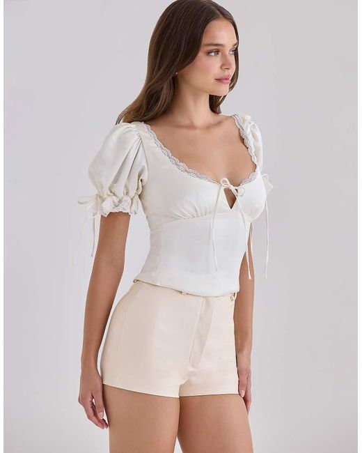 House Of Cb White Elisabetta Ivory Satin Puff Sleeve Lace Trim Top