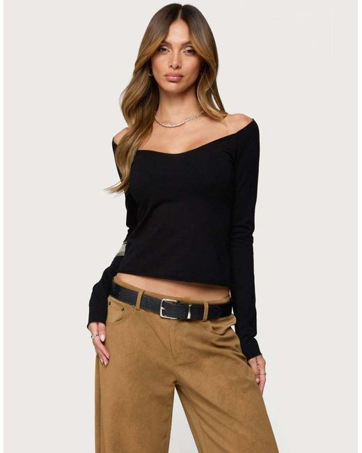 Edikted Blue Nattie Off Shoulder V Neck Top