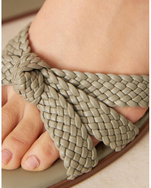 Asos Design Wide Fit Natural Hummingbird Weave Detail Mid Block Heeled Sandals