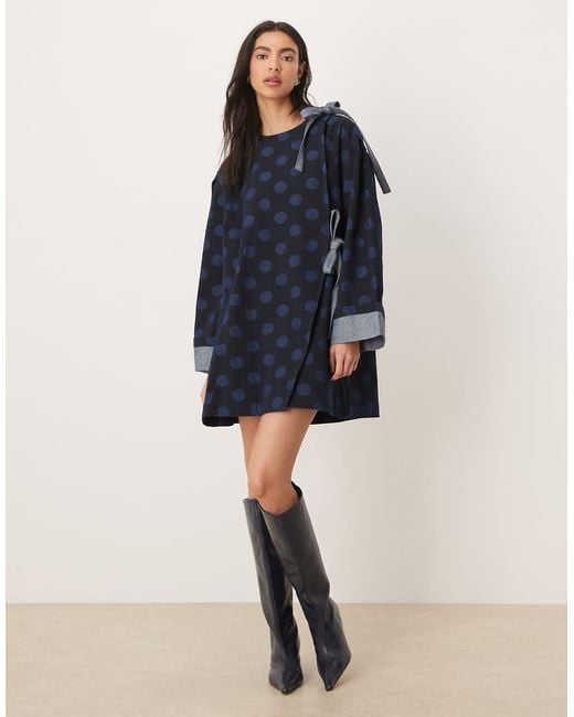 Ghospell Blue Exclusive Denim Bow Detail Boxy Mini Dress