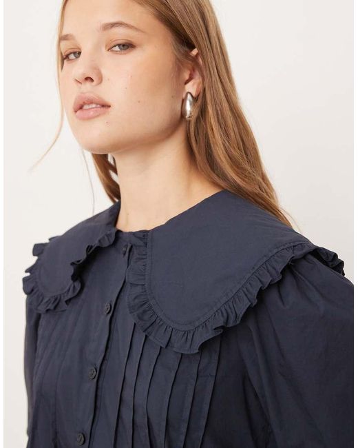 Glamorous Blue Long Sleeve Poplin Pintuck Shirt Mini Dress