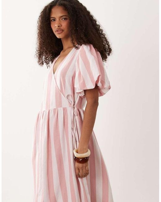 Y.A.S Pink Puff Sleeve Wrap Front Full Skirted Midi Dress