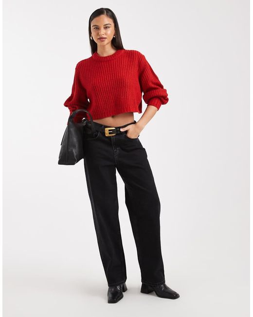 Threadbare Red Cropped Knitted Rib Crew Neck Jumper