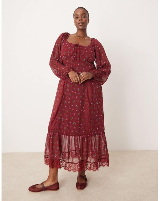 Asos design curve - robe mi-longue nouée devant à manches longues avec empiècements en dentelle - imprimé à petites fleurs ASOS en coloris Red