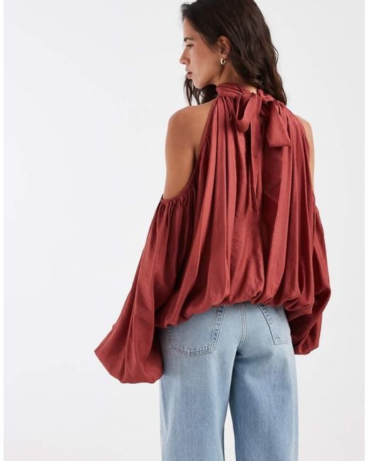 ASOS Red Halterneck Cold Shoulder Volume Blouse