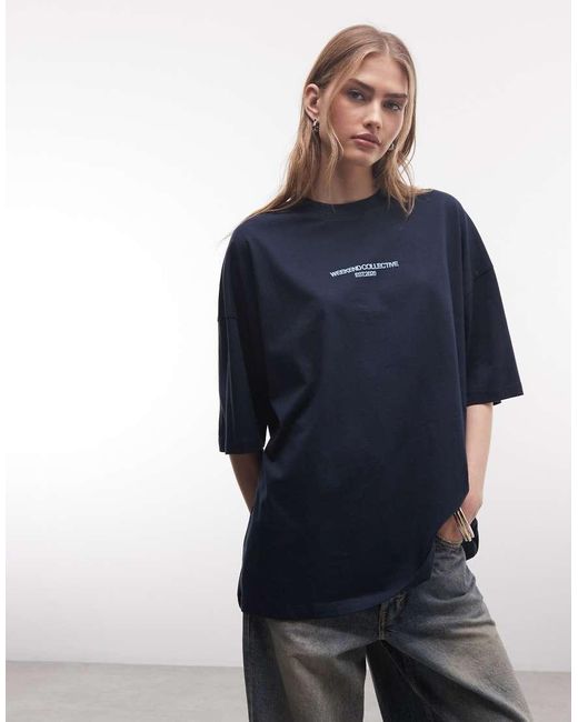 ASOS Blue Weekend Collective Icon Oversized T-Shirt With Bold Font Back Graphic