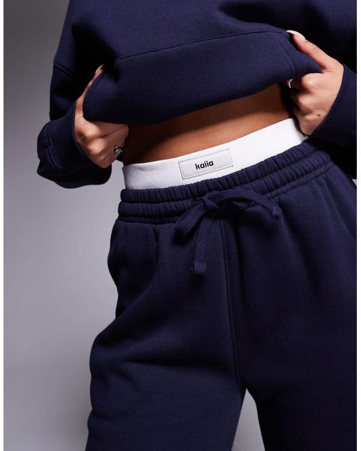 Kaiia Blue Contrast Logo Waistband Wide Leg jogger Co-ord